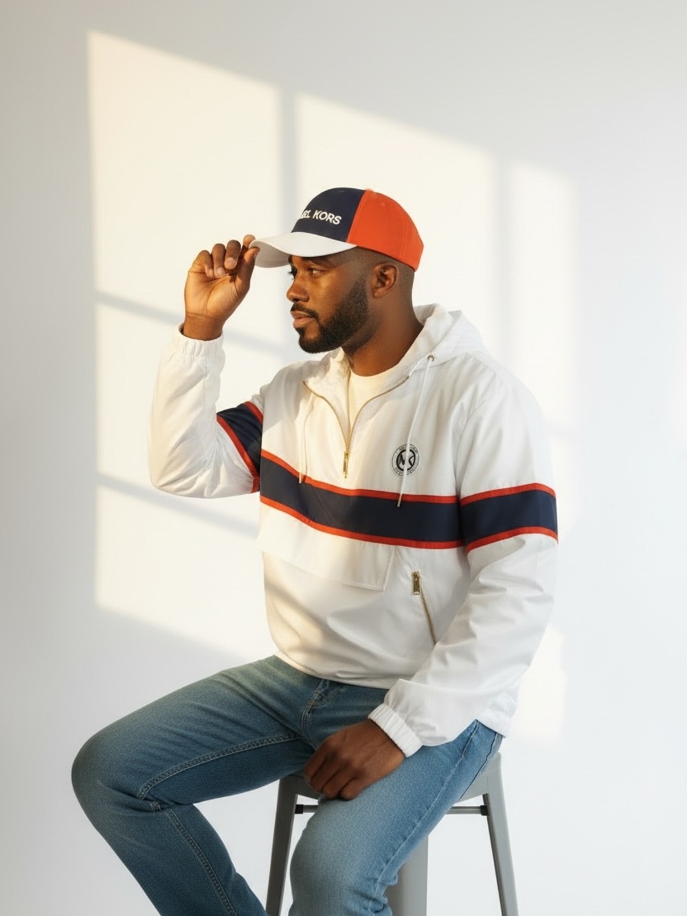 Michael Kors White Hooded Half-Zip Jacket with Navy & Red Stripes and cap match